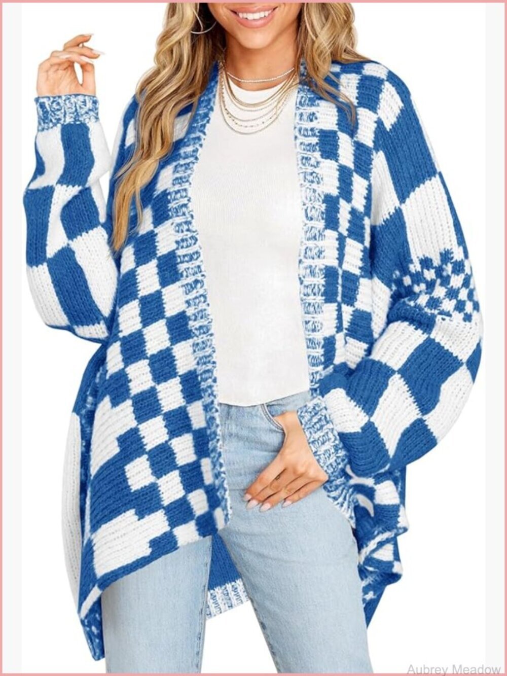 Oversized Checkered Plaid Cardigan Long Sleeve Open Front Knit Coat Fall Winter